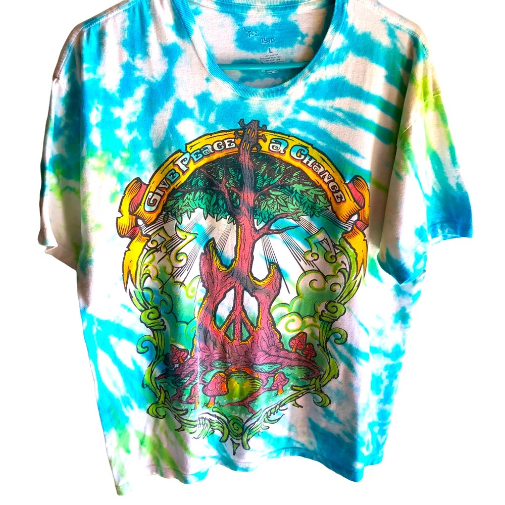 Tie Dye Give Peace a Chance Tshirt. Multicolor Guitar Tree Peace Sign. Large - Picture 2 of 6